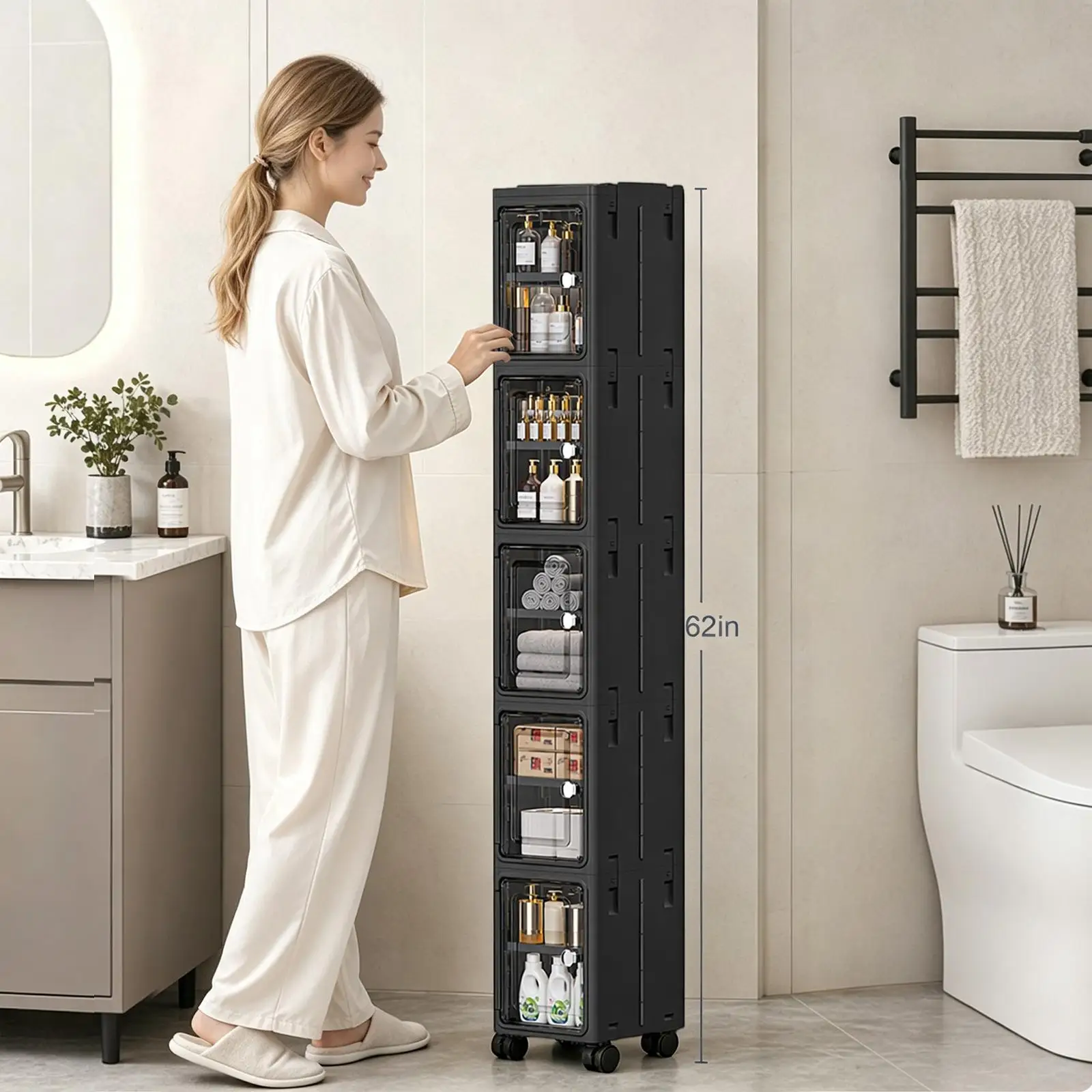 Home Edit Bathroom Storage - 5-poziomowa czarna wąska szafka na kółkach